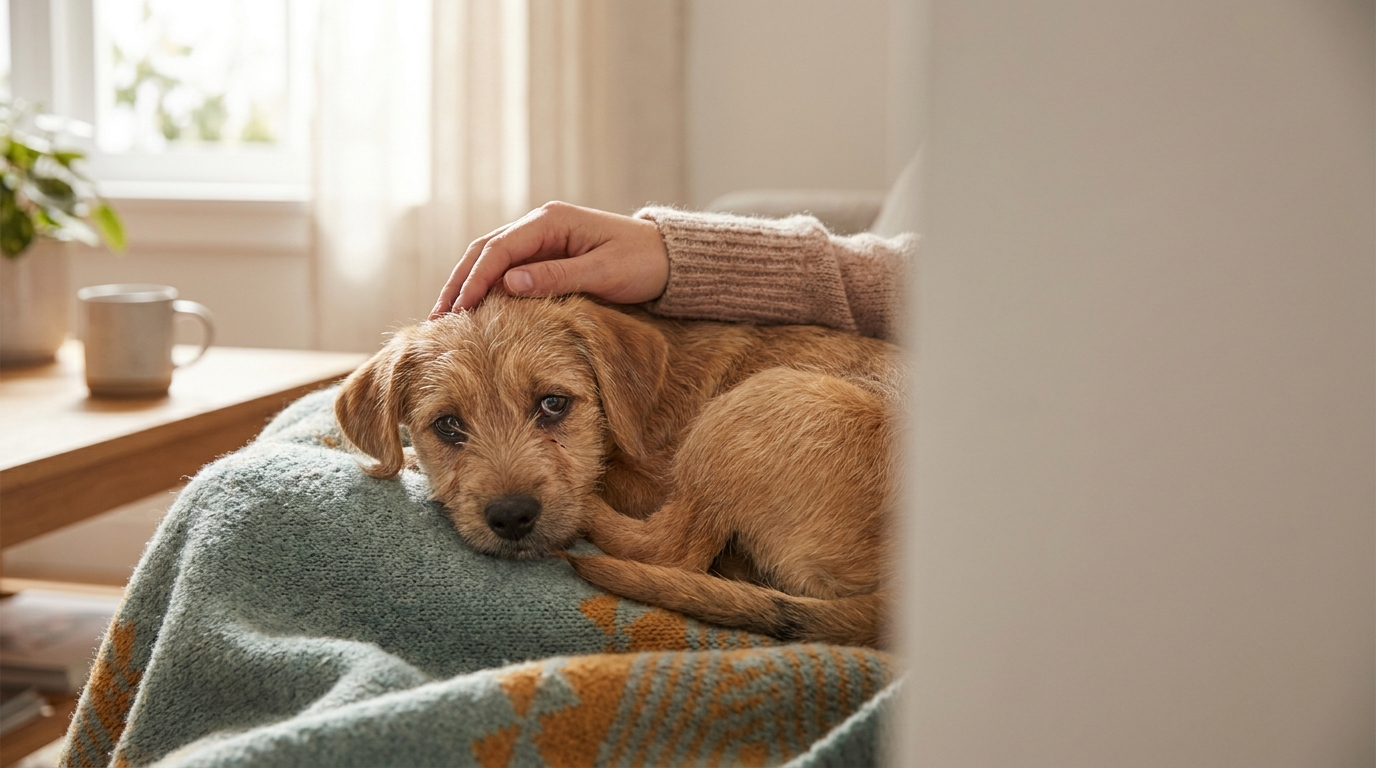 Fiatal, gyöngélkedő kutya pihen otthon, enyhén vizes szemmel – szopornyica (distemper) figyelemfelhívás