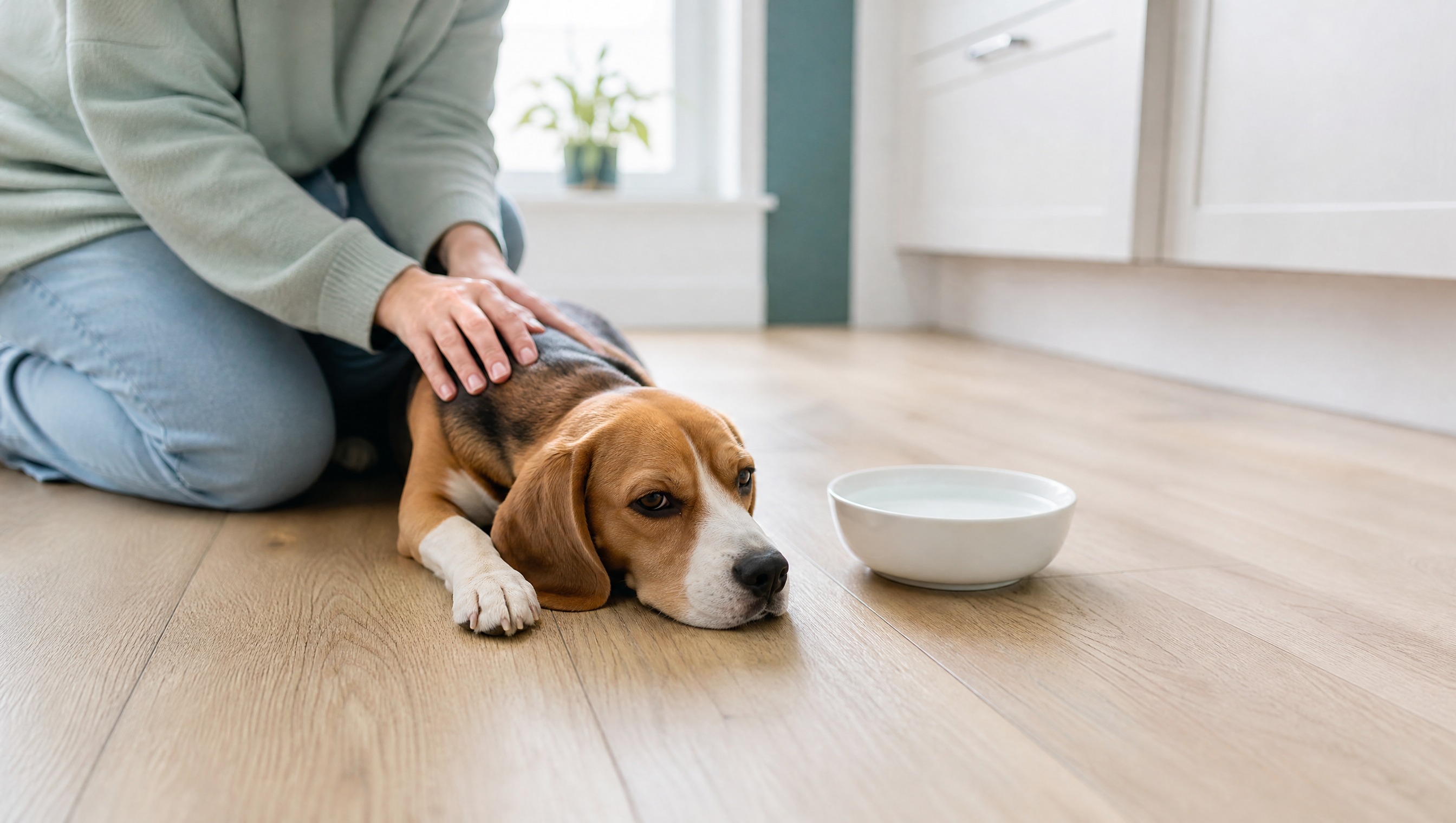 Gazdi simogatja a konyha padlóján fekvő, bágyadt beagle kutyát a vizestál mellett – kutya hányás okai és teendők