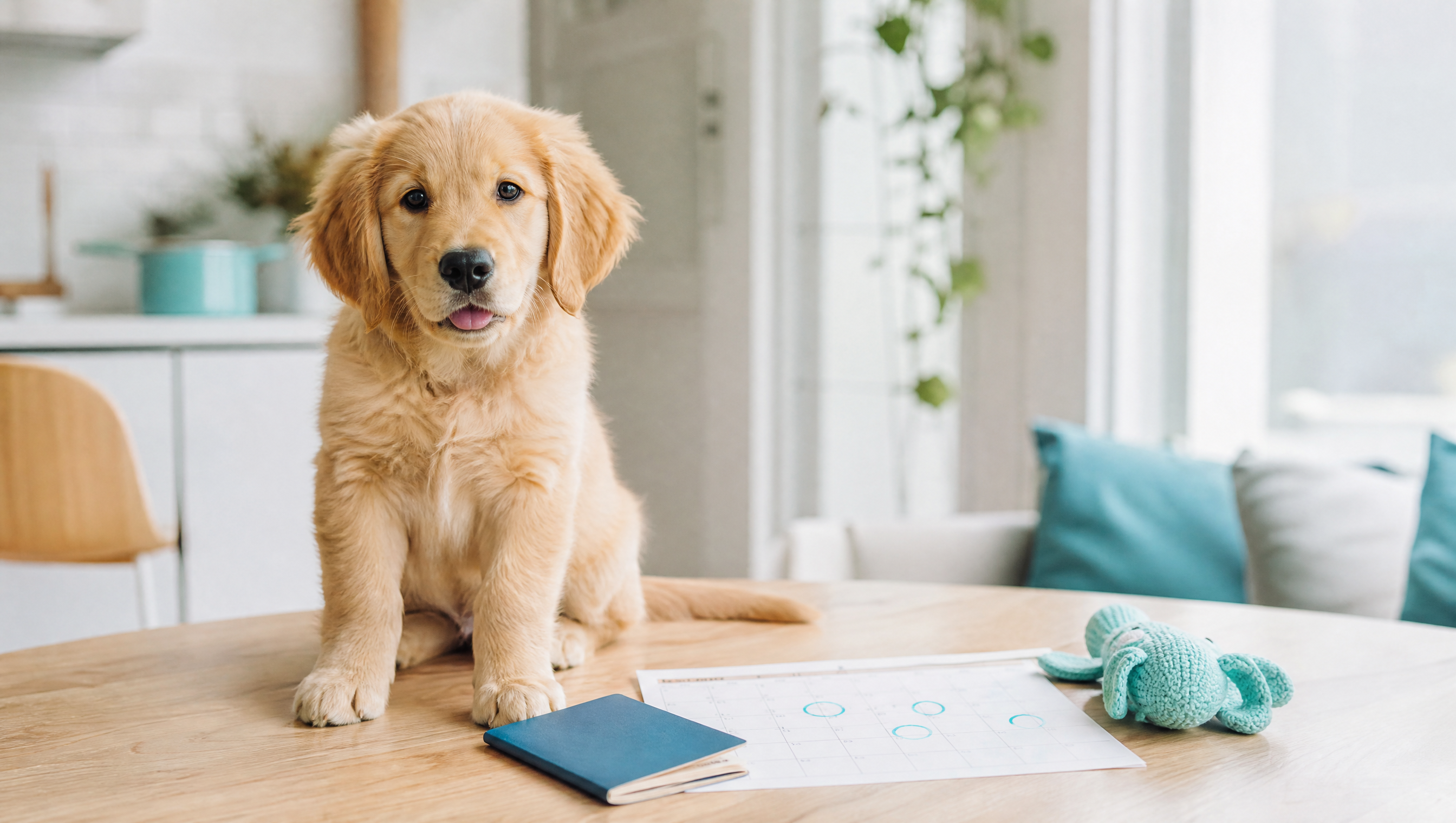 Golden retriever kölyök ül a konyhaasztalon az oltási könyv és egy bejelölt naptár mellett – kiskutya oltási rend