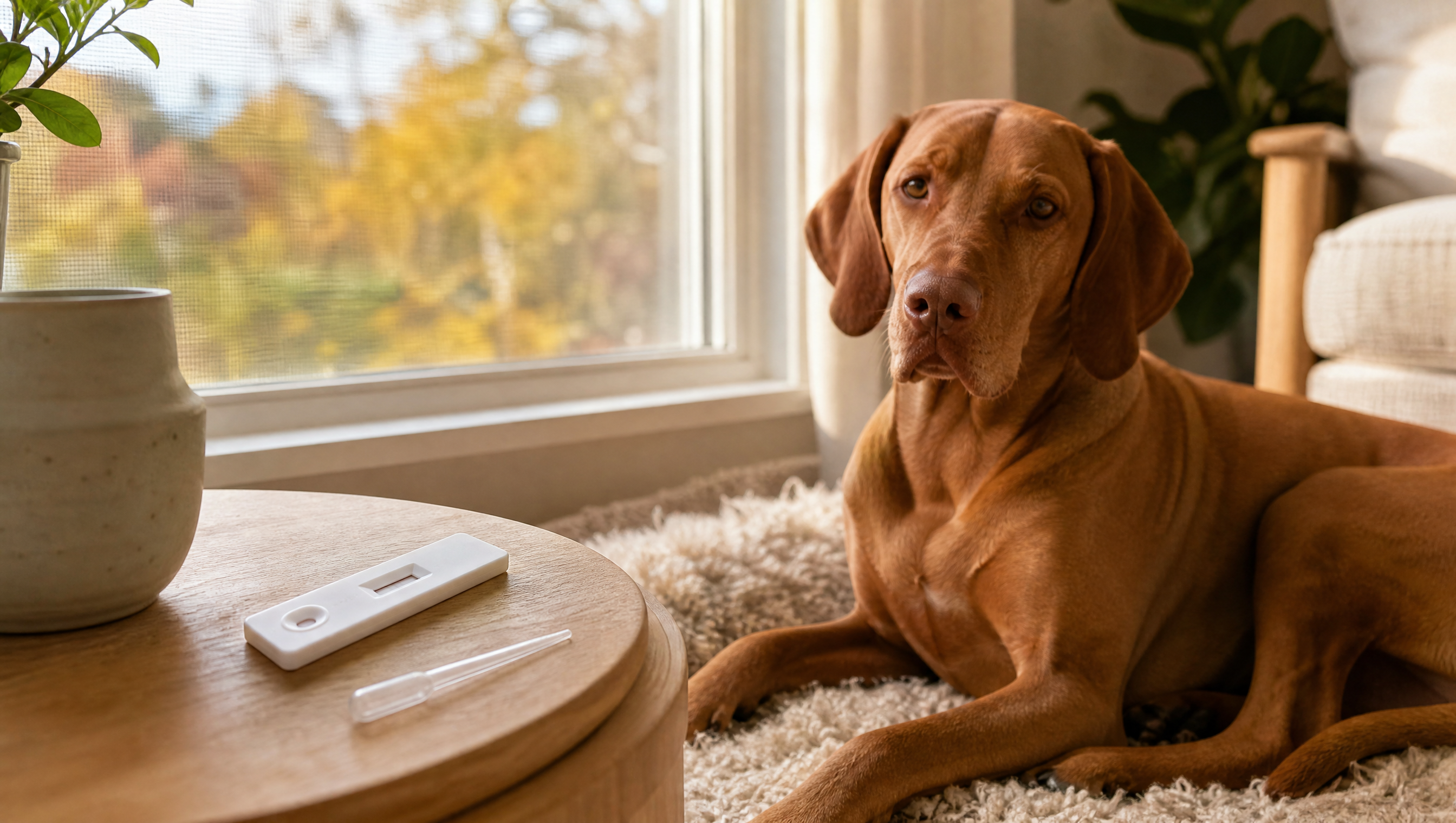 Vizsla pihen a nappaliban, előtérben szívféreg gyorsteszt kazetta és cseppentő