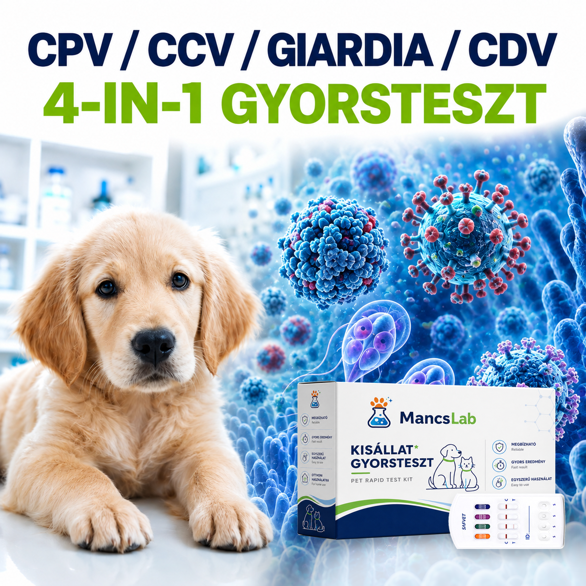 MancsLab CPV/CCV/Giardia/CDV 4 az 1-ben gyorsteszt kutyáknak – csomagolás és tesztkazetta