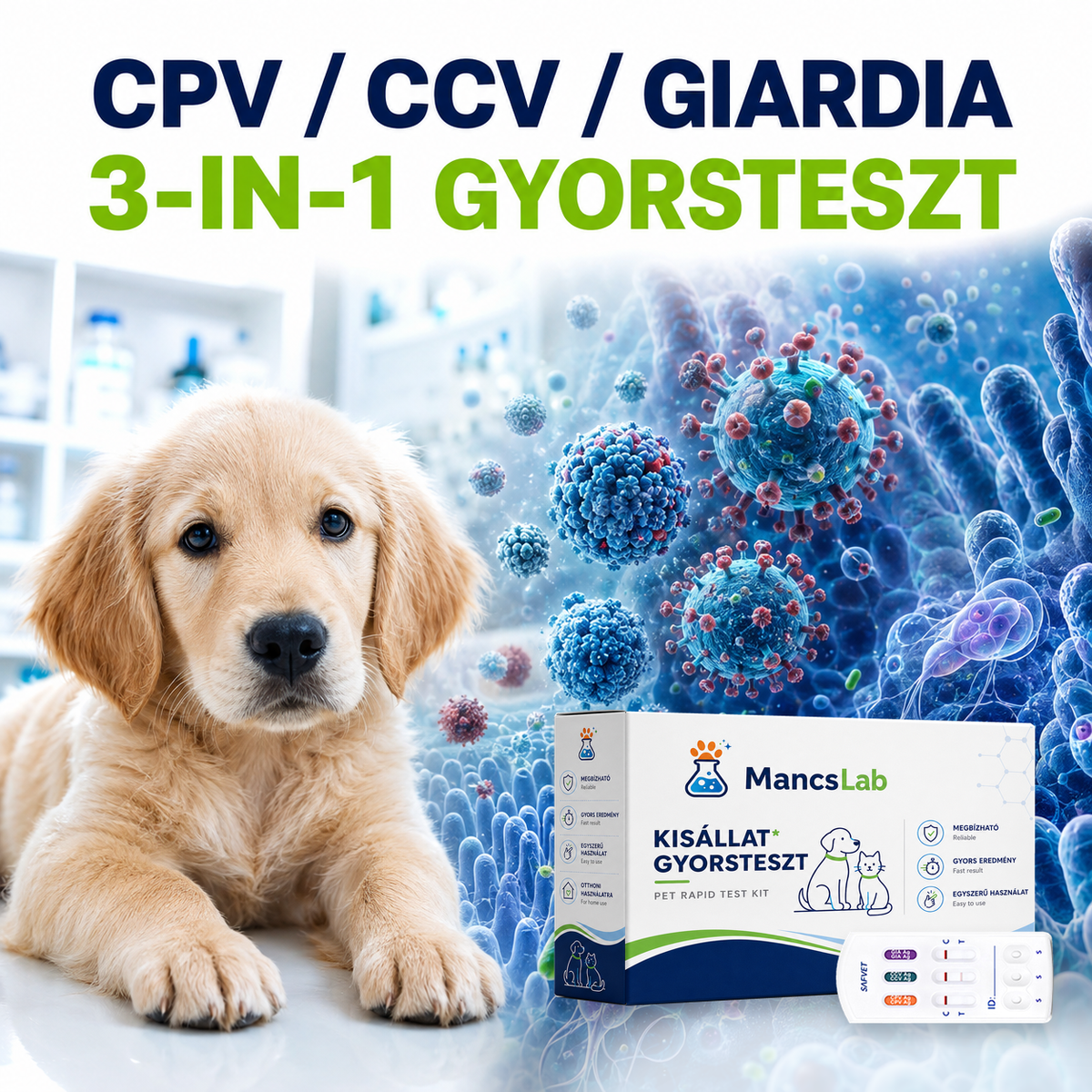 MancsLab CPV/CCV/Giardia 3 az 1-ben gyorsteszt kutyáknak – csomagolás és tesztkazetta