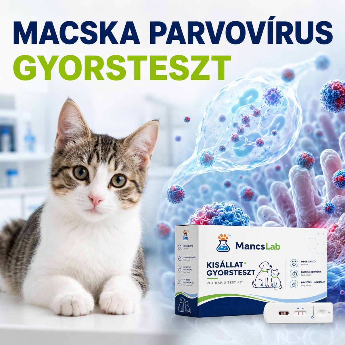 MancsLab FPV macskaparvovírus antigén gyorsteszt – csomagolás és tesztkazetta