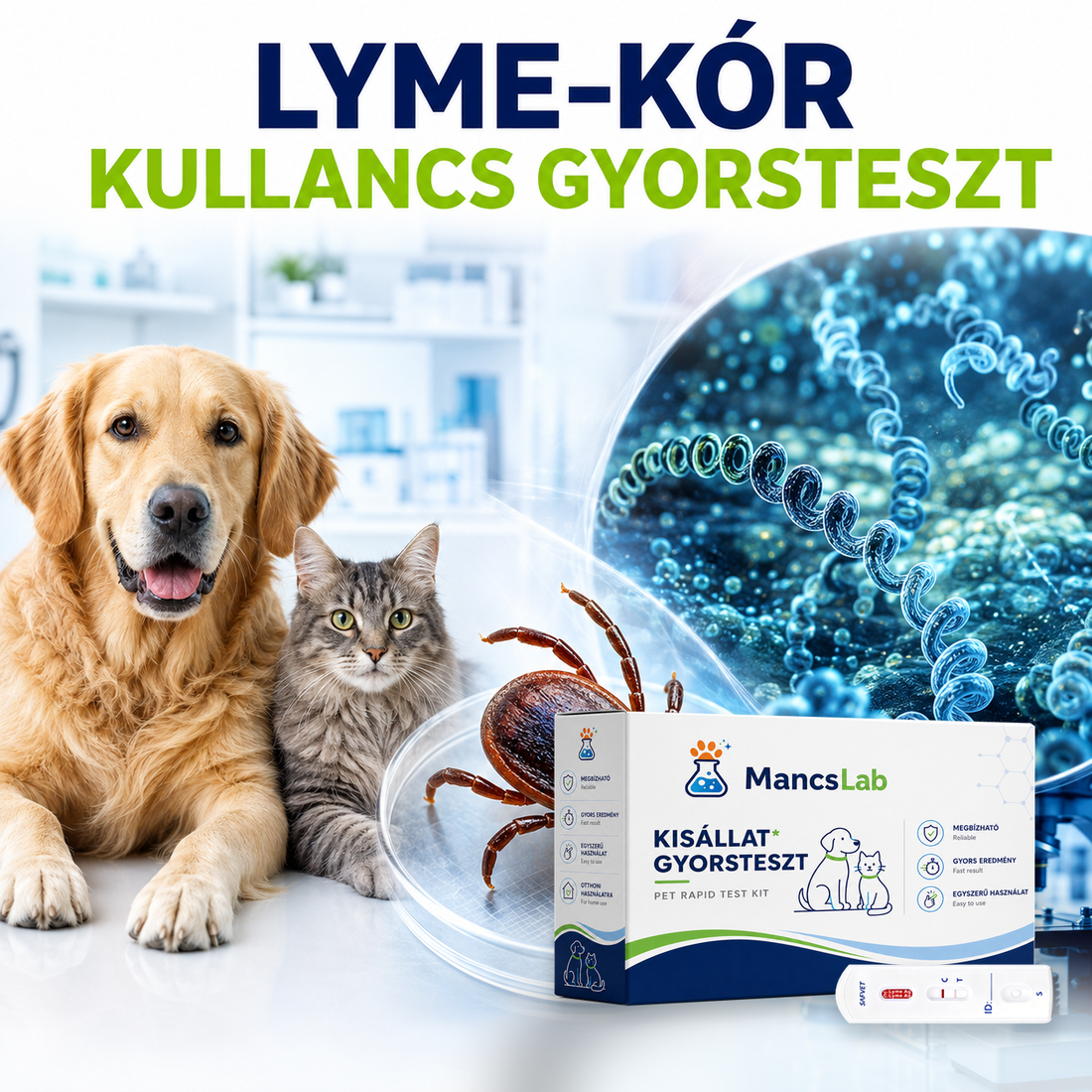 MancsLab Lyme-kór gyorsteszt eltávolított kullancshoz – csomagolás és tesztkazetta