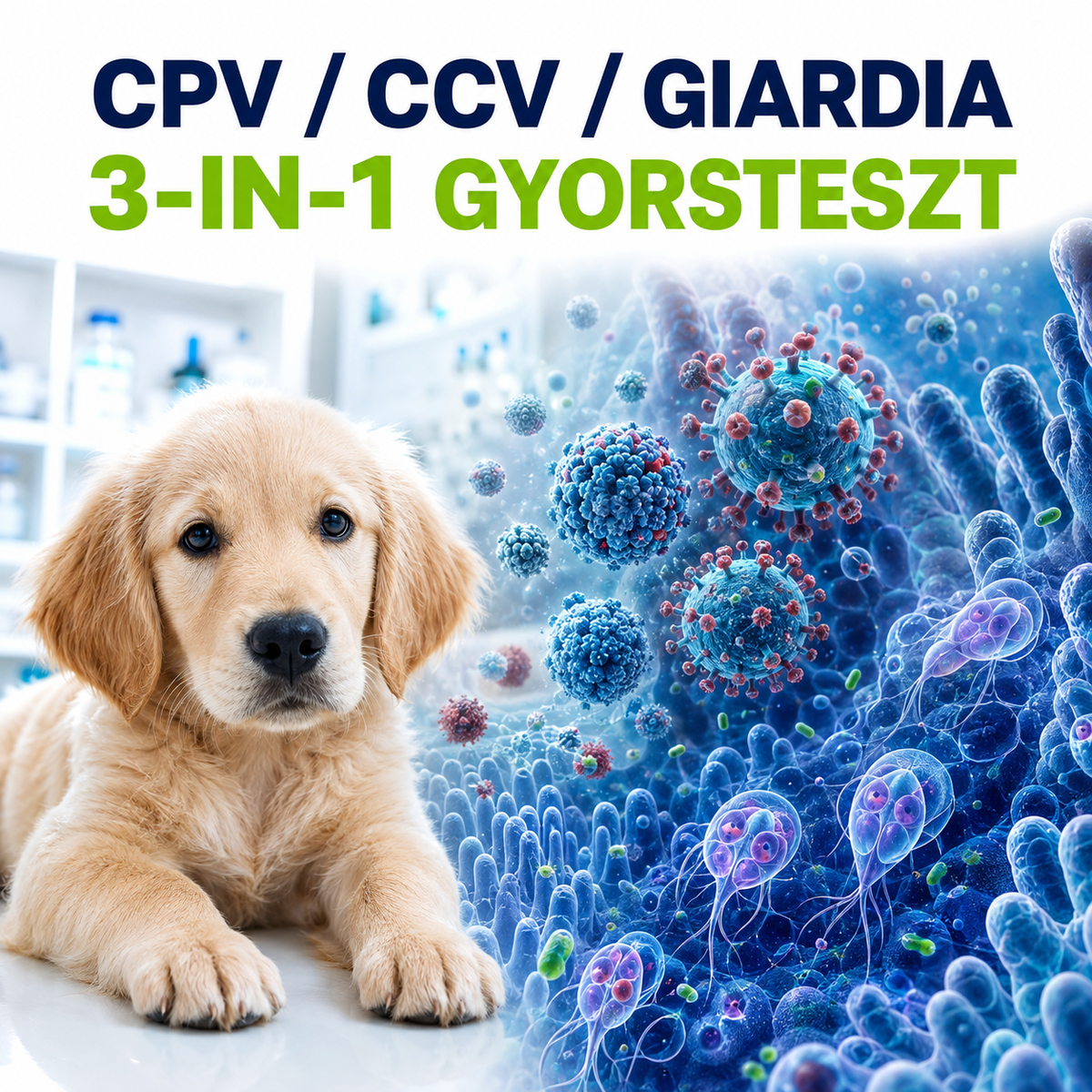 MancsLab 3 az 1-ben CPV/CCV/Giardia gyorsteszt kutyáknak – termékcsomagolás és tesztkazetta