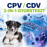 MancsLab CPV/CDV kombinált gyorsteszt kutyáknak – termékcsomagolás és tesztkazetta