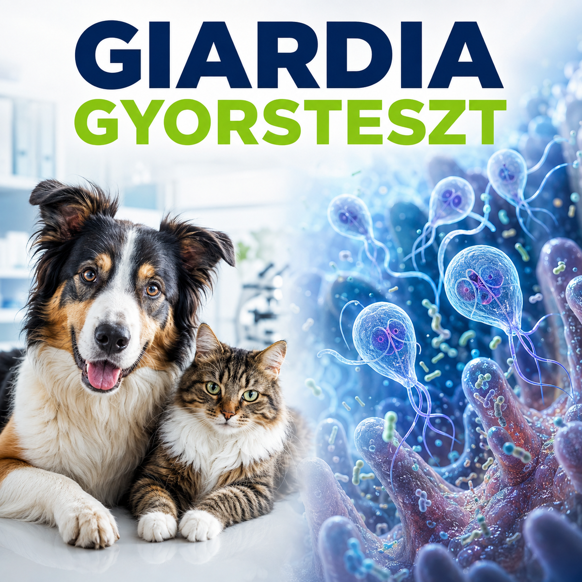 MancsLab Giardia antigén gyorsteszt kutyáknak és macskáknak – termékcsomagolás és tesztkazetta