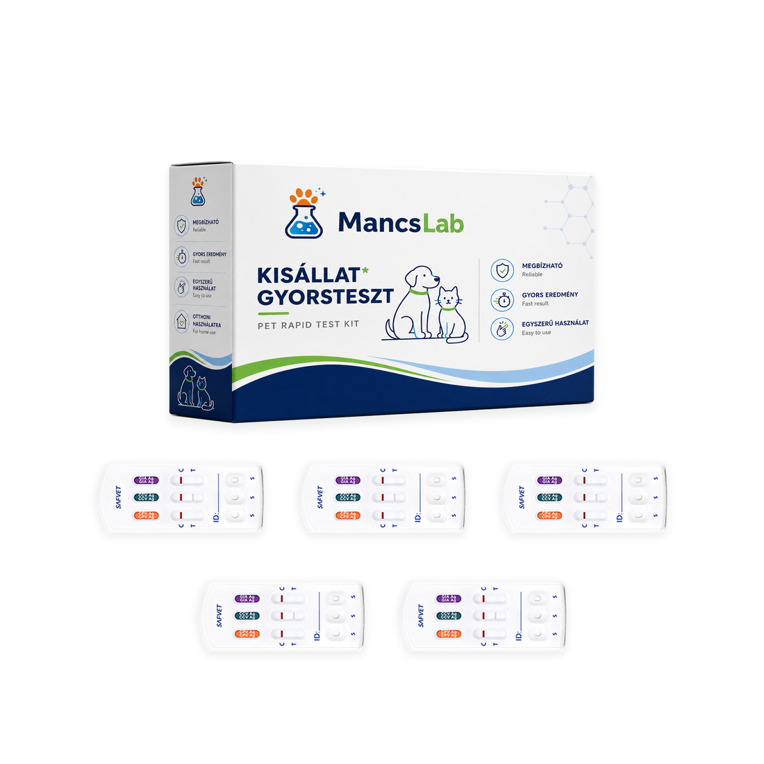 MancsLab CPV/CCV/Giardia 3 az 1-ben gyorsteszt kutyáknak – doboz és 5 tesztkazetta, fehér háttéren