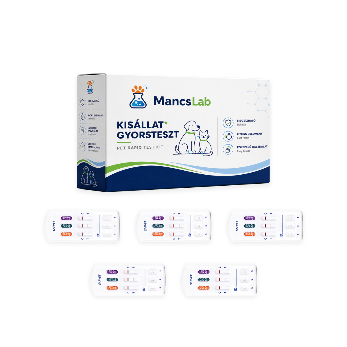 MancsLab CPV/CCV/Giardia 3 az 1-ben gyorsteszt kutyáknak – doboz és 5 tesztkazetta, fehér háttéren