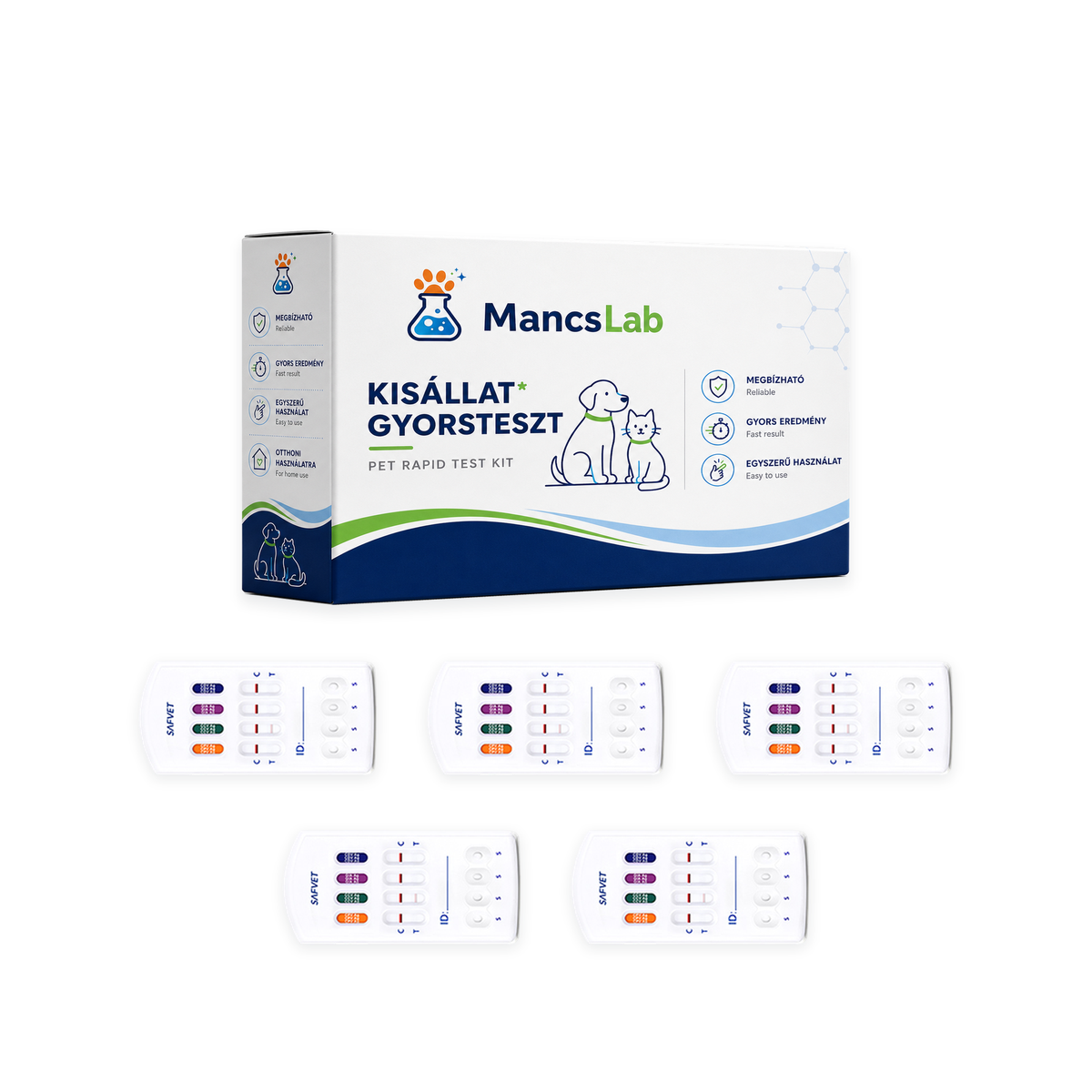 MancsLab CPV/CCV/Giardia/CDV 4 az 1-ben gyorsteszt kutyáknak – doboz és 5 tesztkazetta, fehér háttéren